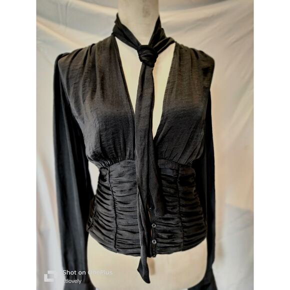 FREE PEOPLE (L)RUCHED, BUTTON FRONT, LONG BELL SLEEVES, NECK-TIE BLOUSE - Picture 5 of 13